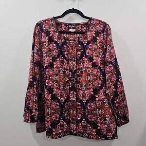 J. Crew Floral Boho Pullover Top Blouse Long Sleeve Pompom Tunic women large